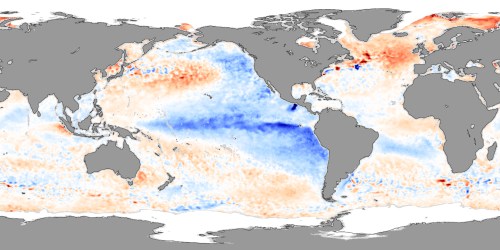 Global sea surface temperature anomalies, showing areas of warming (red) and cooling (blue) across the Pacific and Atlantic Oceans.