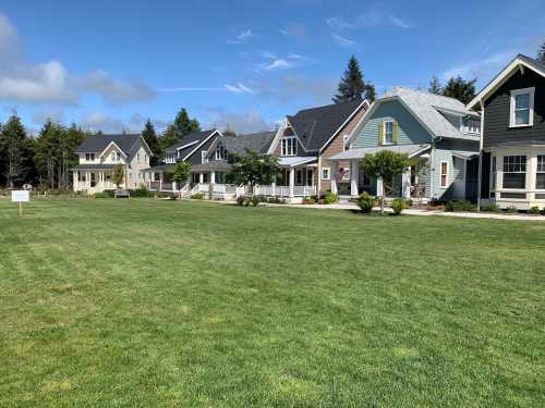 A row of colorful houses lined along a grassy area under a blue sky with scattered clouds.