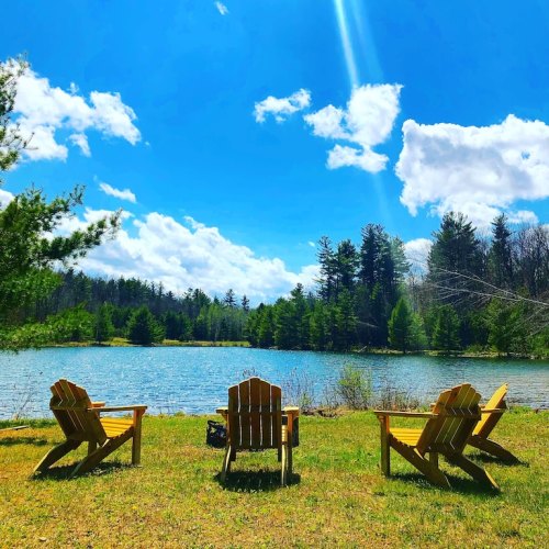 Four wooden chairs facing a serene lake, surrounded by trees and a bright blue sky with fluffy clouds.