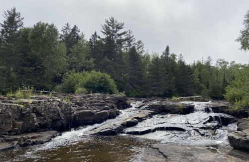 A serene landscape featuring a rocky riverbed with flowing water, surrounded by lush green trees under a cloudy sky.