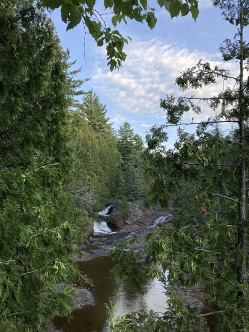 A serene view of a waterfall surrounded by lush green trees and a clear blue sky.