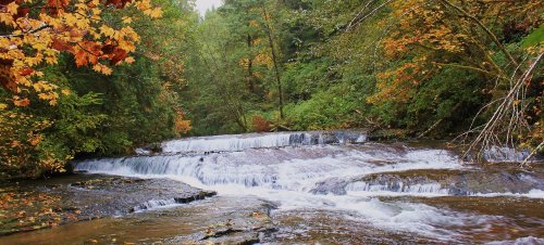 A serene waterfall cascades over rocks, surrounded by vibrant autumn foliage in a lush forest.