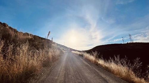 A dirt road winds through a grassy landscape under a bright sky, with the sun shining in the distance.
