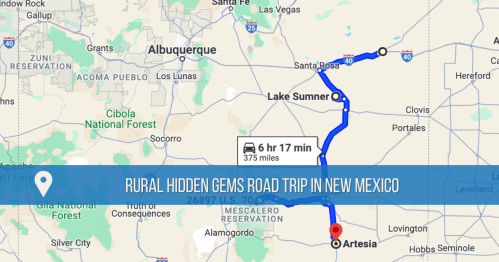 Map showing a road trip route from Artesia to Lake Sumner, New Mexico, highlighting rural hidden gems.