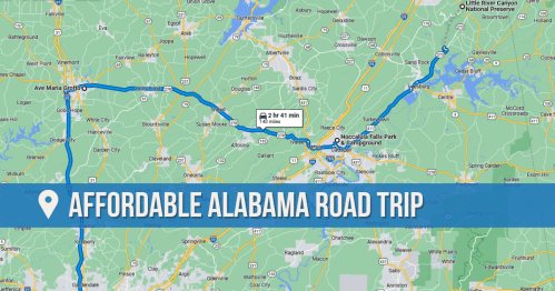 Map highlighting an affordable road trip route in Alabama, featuring key locations and travel time.