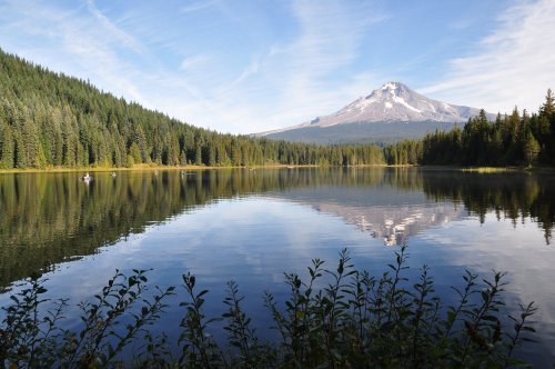 A serene lake reflects a snow-capped mountain surrounded by lush green forests under a clear blue sky.