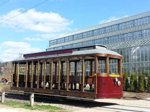 A vintage wooden streetcar parked near a modern glass greenhouse under a blue sky with fluffy clouds.