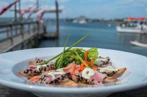 A plate of tuna sashimi with greens and sauce, set against a scenic waterfront view.