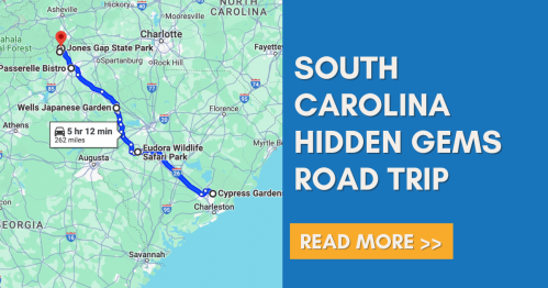Map showing a road trip route in South Carolina, highlighting hidden gems like Jones Gap State Park and Cypress Gardens.