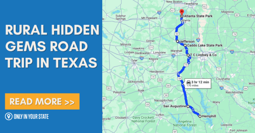 Map highlighting a road trip route through rural Texas, featuring Atlanta State Park and nearby attractions.
