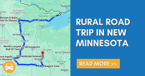 Map showing a rural road trip route in Minnesota, highlighting key locations and a call to action to read more.