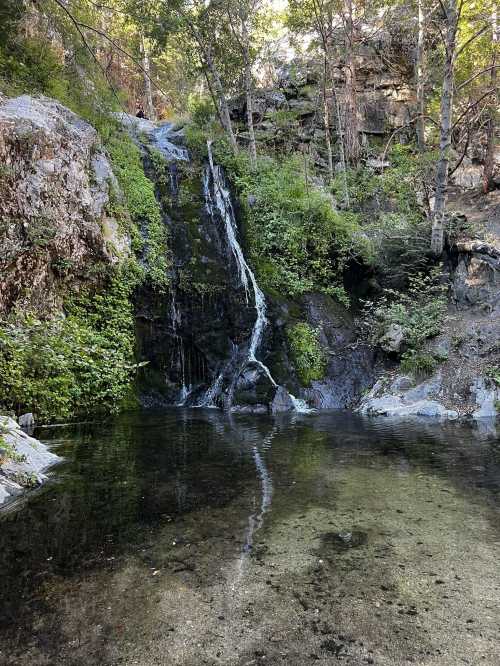 A serene waterfall cascading into a clear pool, surrounded by lush greenery and rocky terrain.