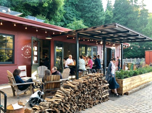A cozy outdoor café with people dining, surrounded by trees and stacked firewood, creating a warm, inviting atmosphere.