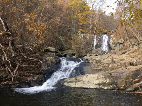 A serene waterfall cascades over rocks, surrounded by autumn foliage and a tranquil pool below.