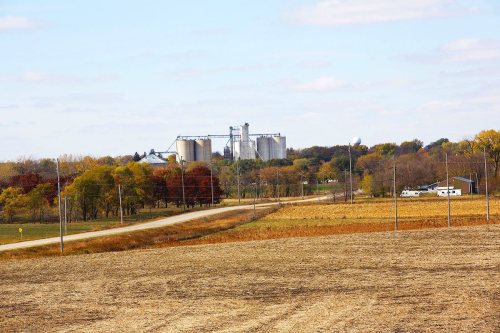 A rural landscape with a dirt road, fields, and silos in the background, showcasing autumn foliage.