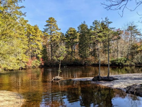A serene river scene surrounded by trees, with clear water reflecting the blue sky and autumn foliage.