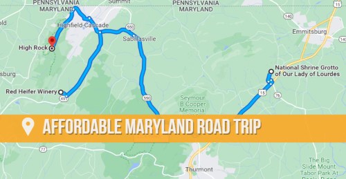 Map highlighting an affordable road trip route in Maryland, featuring High Rock and the National Shrine Grotto.