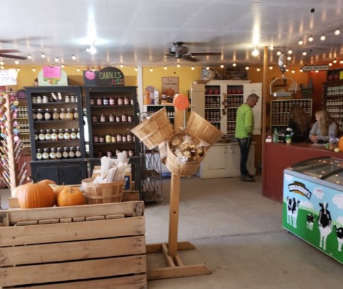 A cozy market interior with shelves of jars, baskets, and a counter, featuring pumpkins and warm lighting.