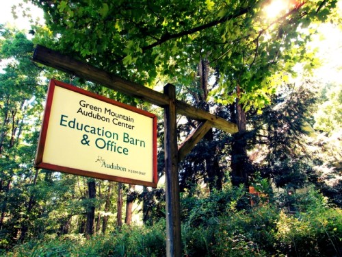 Sign for Green Mountain Audubon Center's Education Barn & Office, surrounded by lush greenery and sunlight.