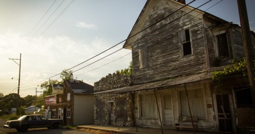 A street in the abandoned town of Avilla, Missouri.