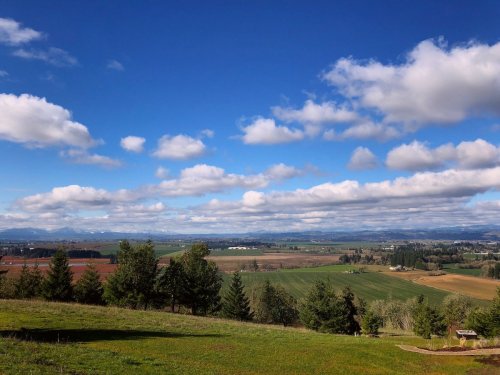 A scenic landscape featuring rolling fields, trees, and a blue sky with fluffy clouds. Mountains are visible in the distance.