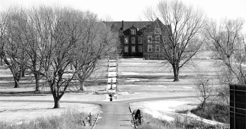 A large, historic building stands in the background, surrounded by bare trees and a winding path in black and white.