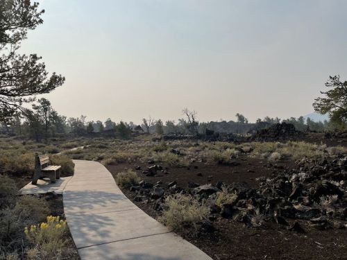 A winding path leads to a bench in a rocky, smoky landscape with sparse vegetation and distant trees.