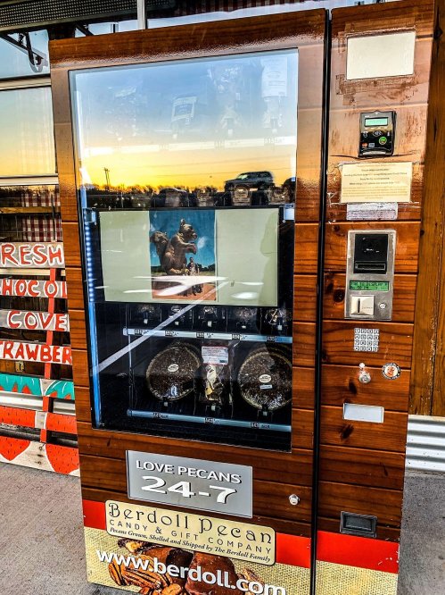 A wooden vending machine displaying pecans and snacks, with a sunset reflection in the glass.