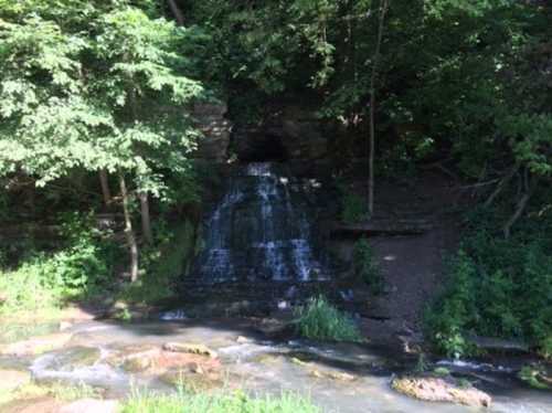 A serene waterfall cascading over rocks, surrounded by lush green trees and foliage.