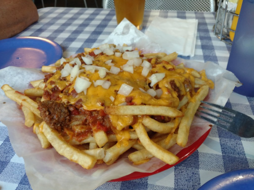 A plate of loaded chili cheese fries topped with onions, served on a checkered tablecloth.
