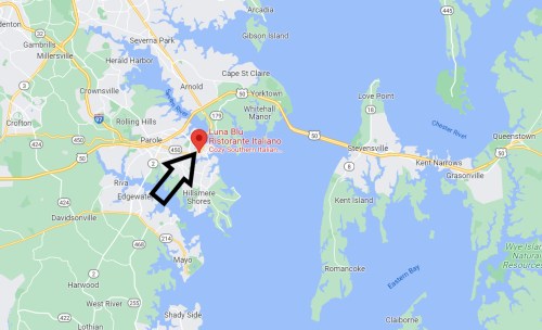 Map showing the location of Luna Blu Ristorante Italiano near the Chesapeake Bay, with an arrow pointing to it.