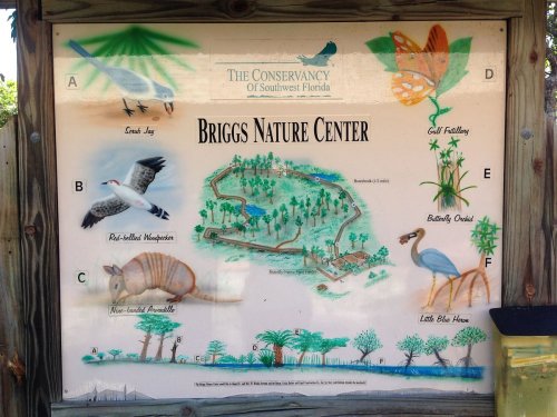 Sign for Briggs Nature Center featuring illustrations of local wildlife and a map of the area.