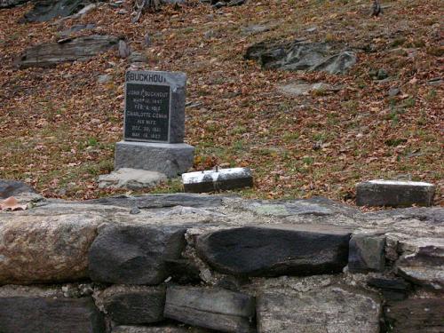 A weathered gravestone in a wooded area, surrounded by fallen leaves and stones, marking the resting place of Jonah Buckhout.
