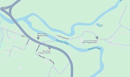 Map showing the area around Twin Creeks Road and Douthat Creek, including nearby landmarks and roads.