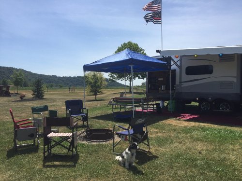 A campsite with a trailer, blue canopy, chairs, a fire pit, and a dog, set against a scenic landscape and blue sky.
