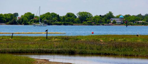 A serene waterfront scene with a sailboat, lush greenery, and a calm blue sky reflecting on the water.