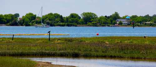 A serene waterfront scene with a sailboat, lush greenery, and a calm blue sky reflecting on the water.