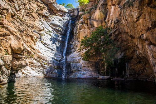A serene waterfall cascading down rocky cliffs into a tranquil pool surrounded by lush greenery.
