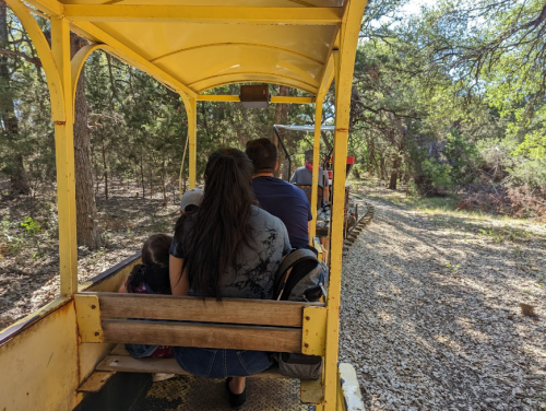A family rides on a yellow train through a wooded area, surrounded by trees and gravel paths.