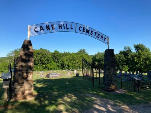 Archway sign reading "Cane Hill Cemetery" at the entrance of a grassy cemetery surrounded by trees.