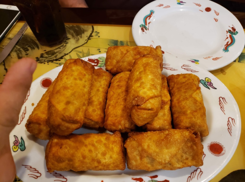 A plate of golden-brown spring rolls stacked neatly, with a hand partially visible in the foreground.