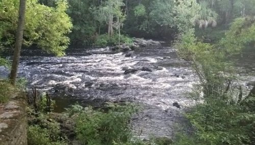 A serene river flows through a lush green landscape, surrounded by trees and rocky outcrops.