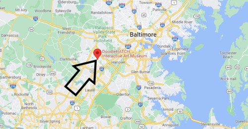 Map showing Baltimore, Maryland, with a marked location for the Doodle Hatch Interactive Art Museum.