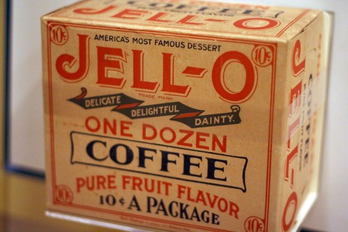 Vintage Jell-O box packaging featuring "Coffee" flavor, with decorative text and pricing details.