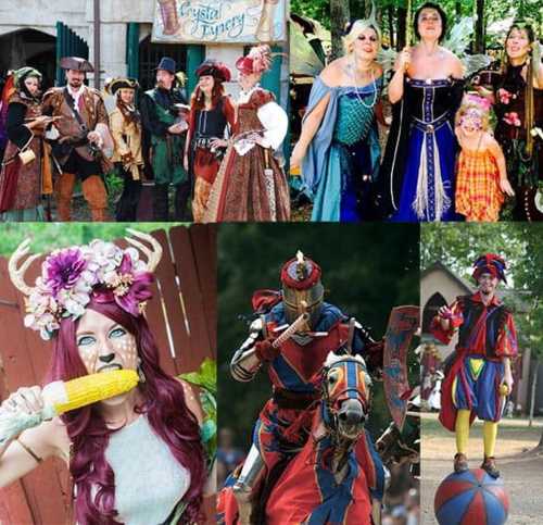 A collage of people in colorful costumes at a festival, featuring performers, characters, and playful activities.