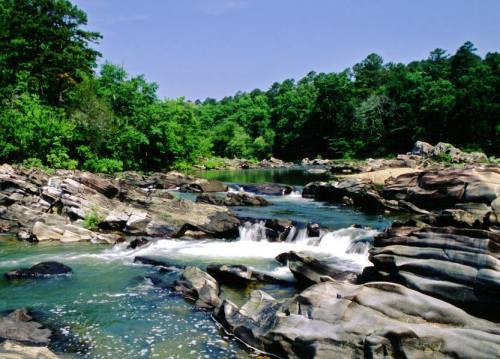 A serene river flows over rocky terrain, surrounded by lush green trees under a clear blue sky.