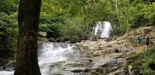 A serene waterfall cascades over rocks, surrounded by lush greenery and people enjoying the natural scenery.