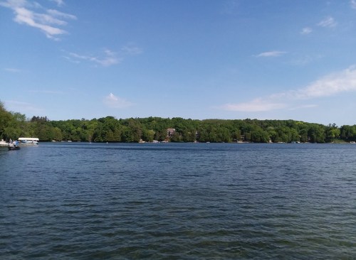 A serene lake view with lush green trees lining the shore under a clear blue sky.