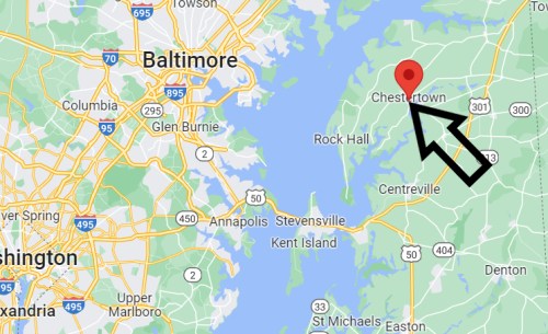Map highlighting Chestertown, Maryland, with nearby towns and major highways visible.