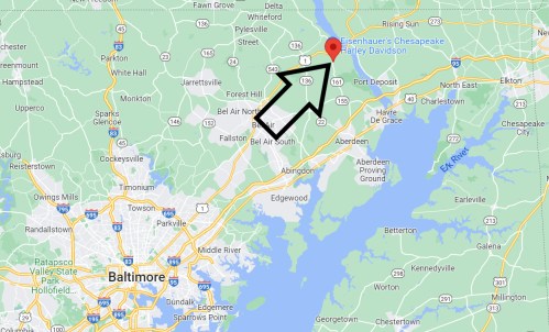 Map showing Baltimore with a marked location for Eisenhower's Chesapeake Harley Davidson to the northeast.